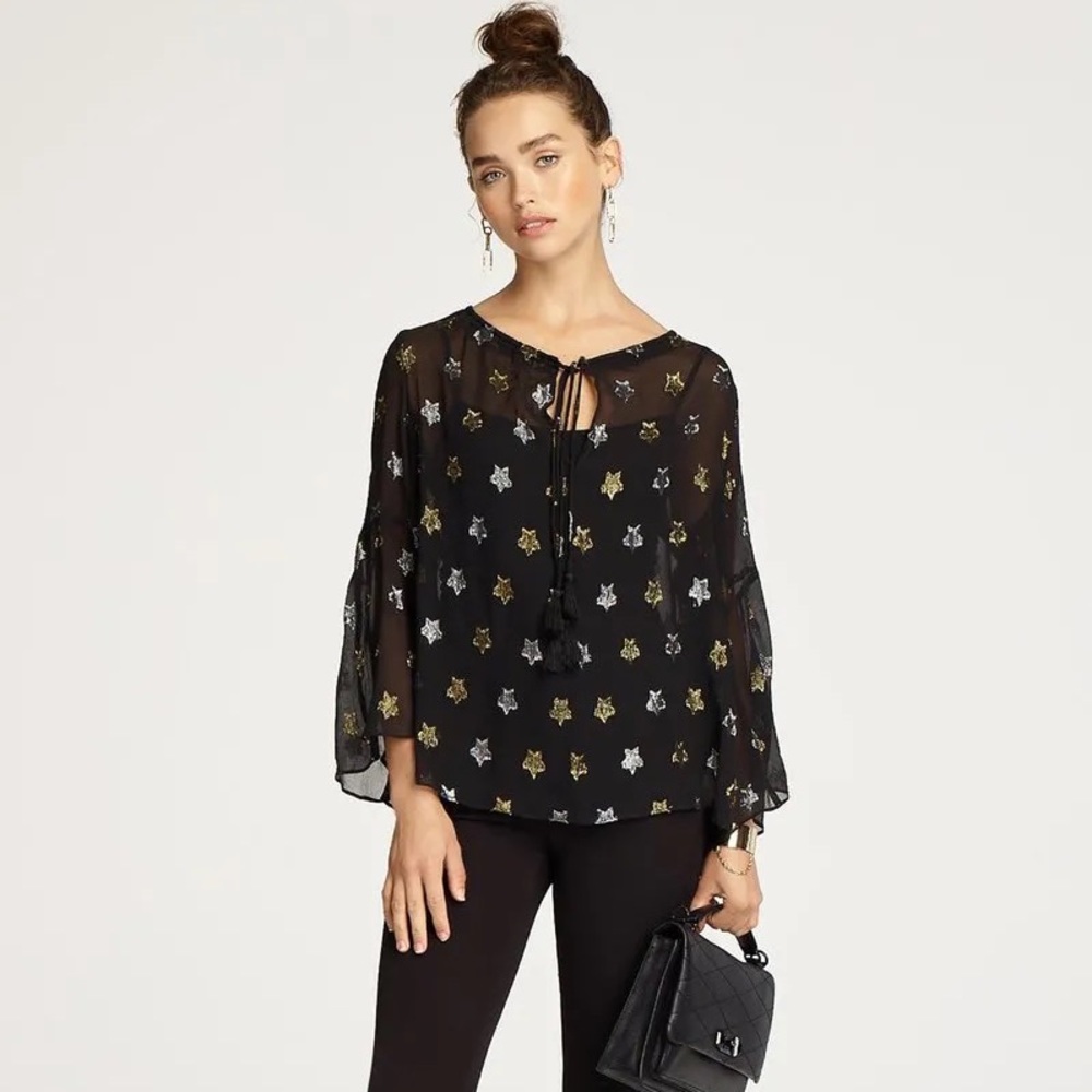 Rebecca Minkoff Derora Silk Top Black Gold Silver Stars Size Small
